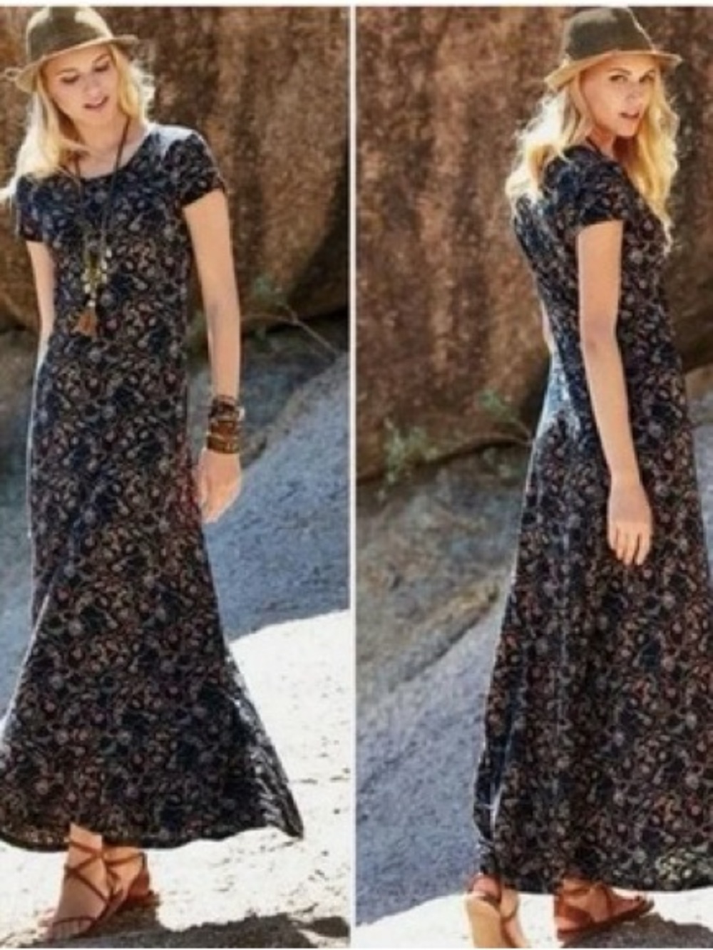 PERUVIAN CONNECTION Arabesque Maxi T-Shirt Dress Medium gray floral Pima cotton